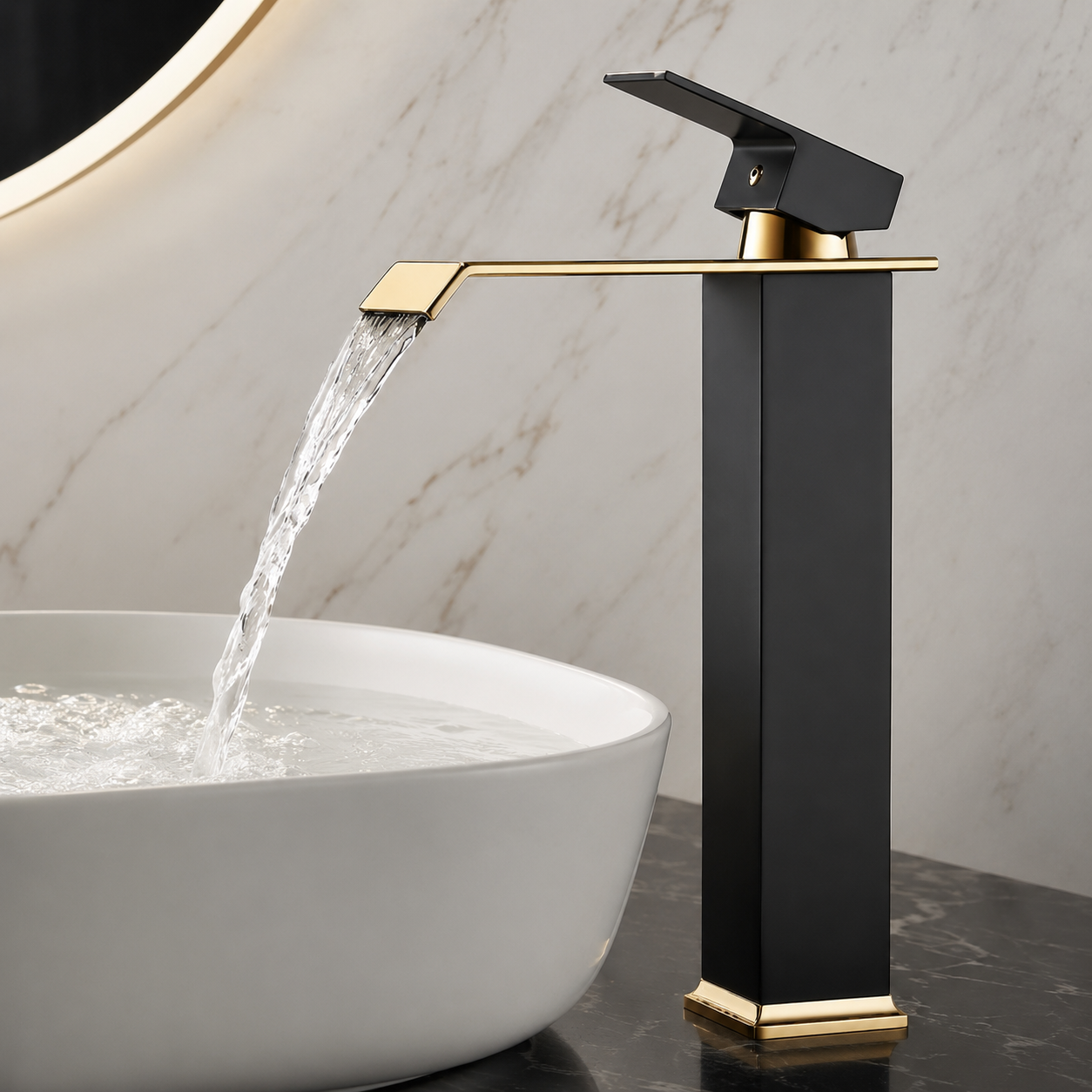 Baterie Chiuveta Baie, Tip Cascada, Otel Inoxidabil, Neagru-Auriu 30CM