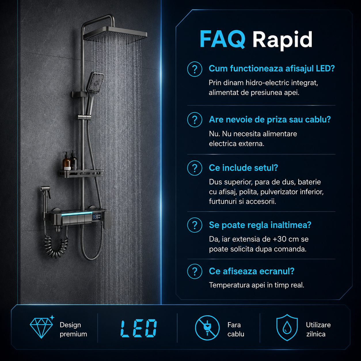 Coloana De Dus, Afisaj Temperatura Digital, Lumini LED, Fara Conectare La Curent Electric,Gri