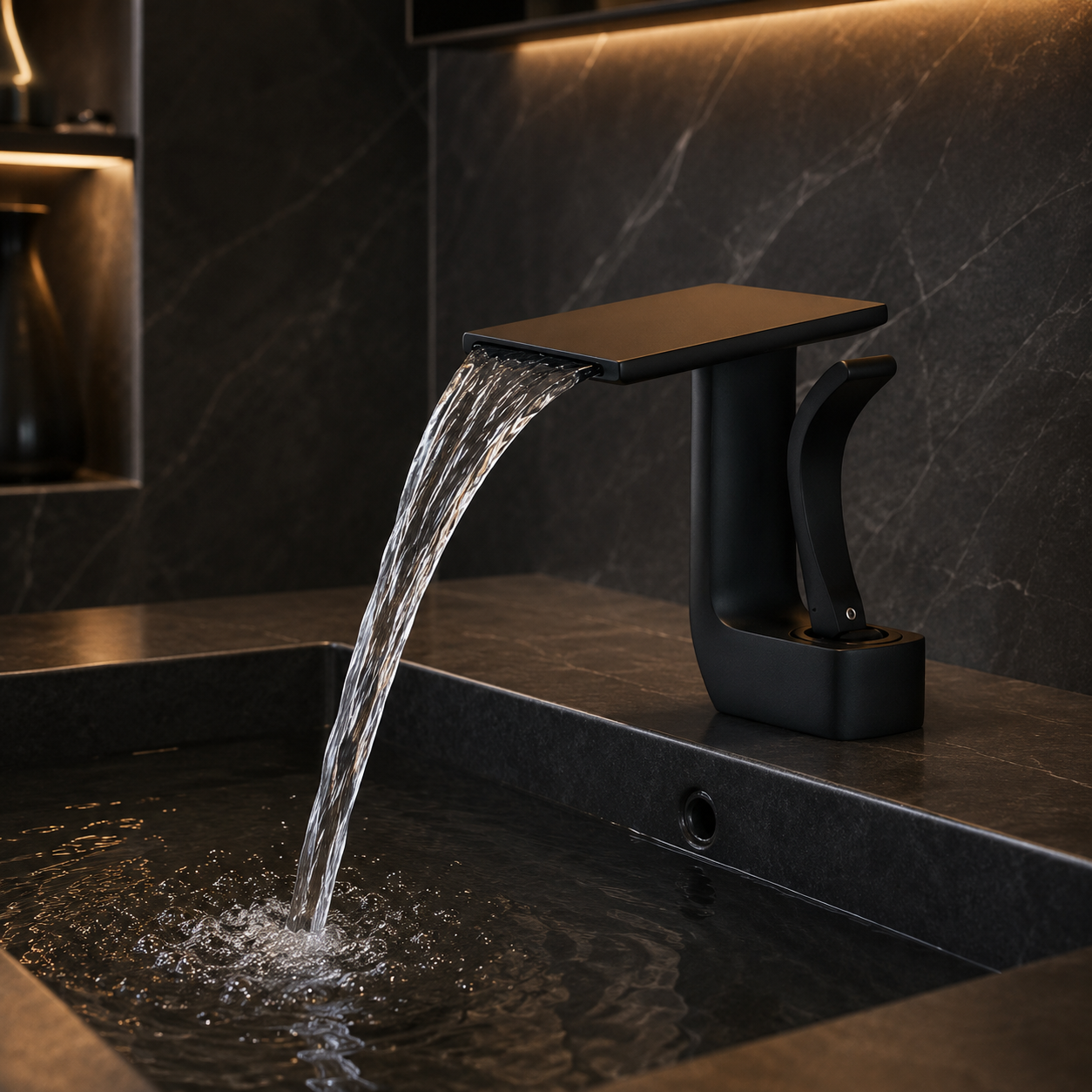 Baterie Chiuveta Baie Tip Cascada, Racorduri incluse, Otel Inoxidabil,Negru Mat, 14.5CM