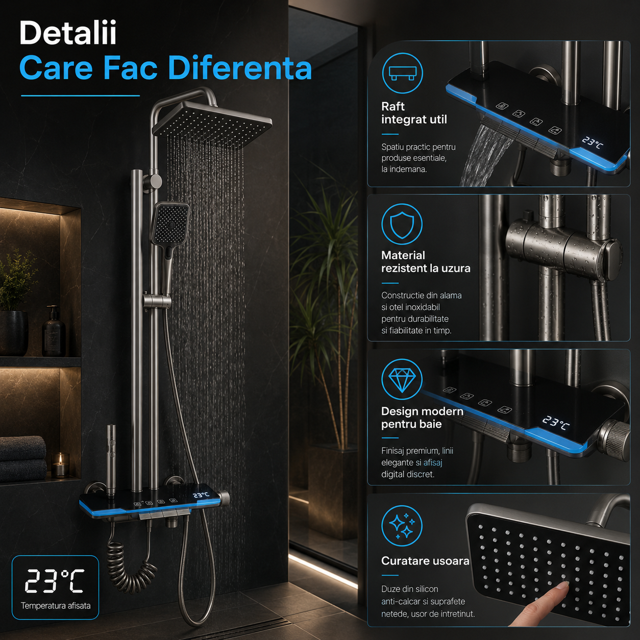 Coloana De Dus, Afisaj Temperatura Digital, Lumini LED,Fara Conectare La Curent Electric, Negru-Gri
