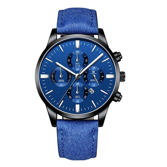 Ceas Geneva Chronograph cu Cadran Albastru și Brățară Piele Ecologica Albastra, Diametru 42mm, Grosime 10mm