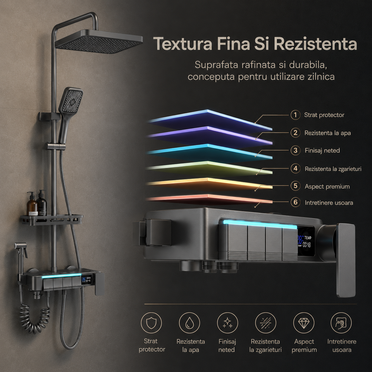 Coloana De Dus, Afisaj Temperatura Digital, Lumini LED, Fara Conectare La Curent Electric,Gri