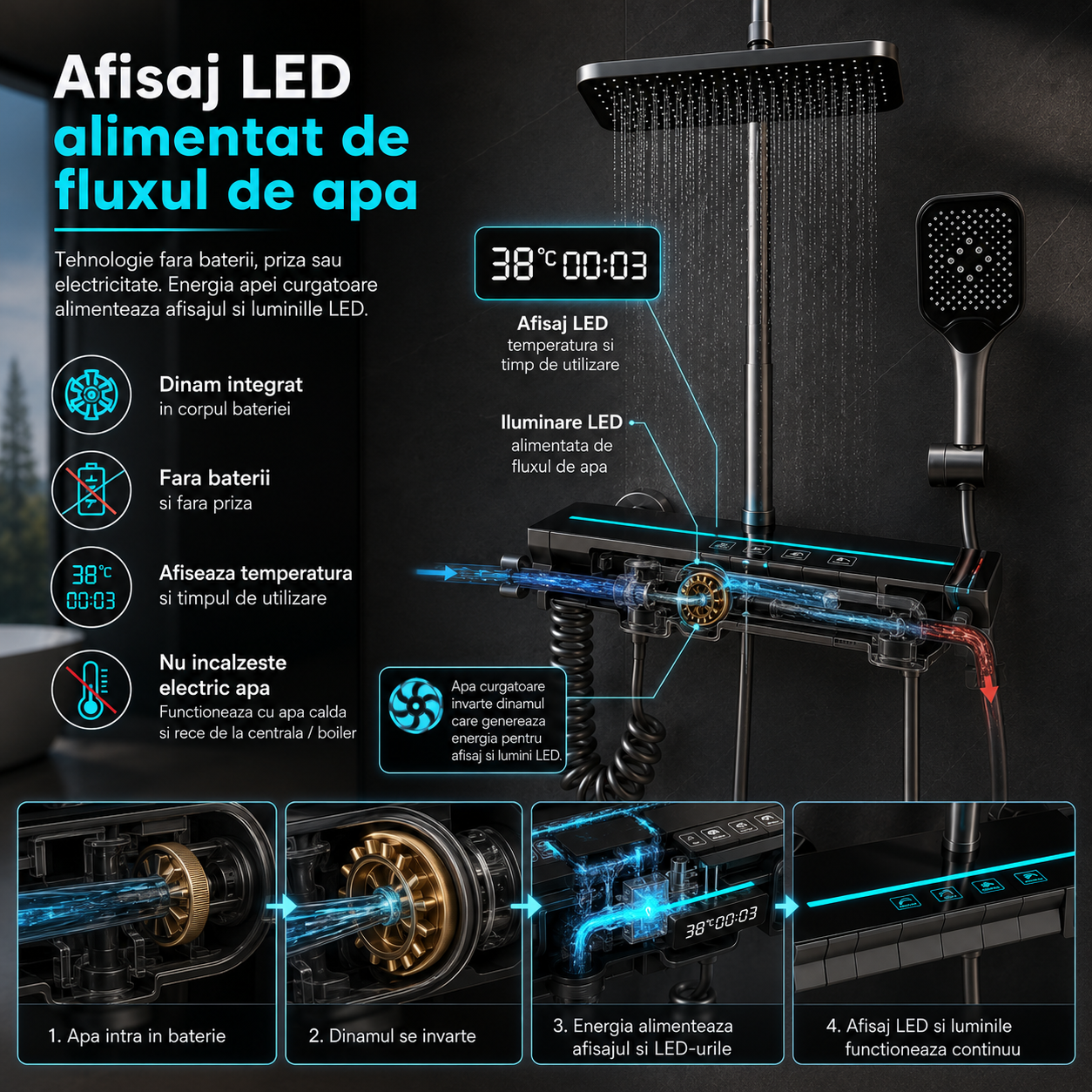 Coloana De Dus Completa, Afisaj Temperatura Digital, Lumini LED