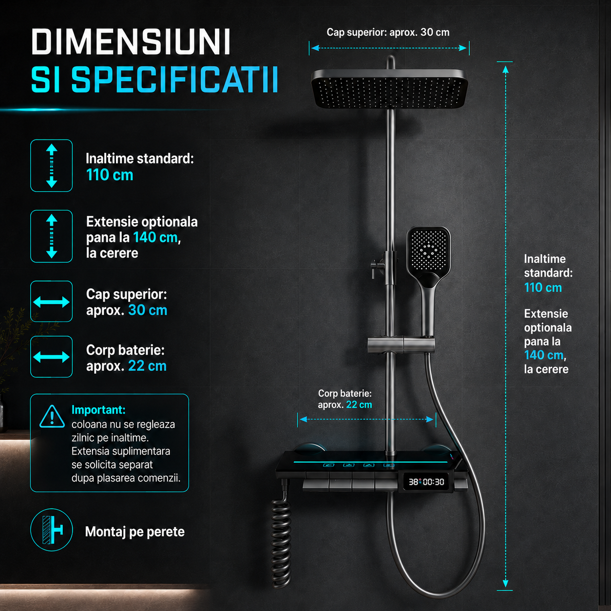 Coloana De Dus Completa, Afisaj Temperatura Digital, Lumini LED