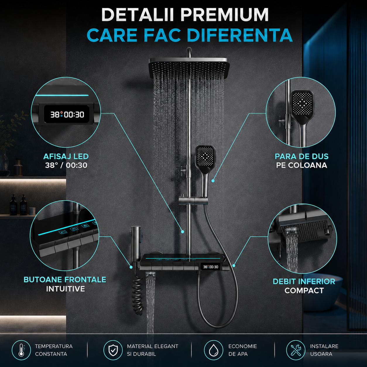 Coloana De Dus Completa, Afisaj Temperatura Digital, Lumini LED
