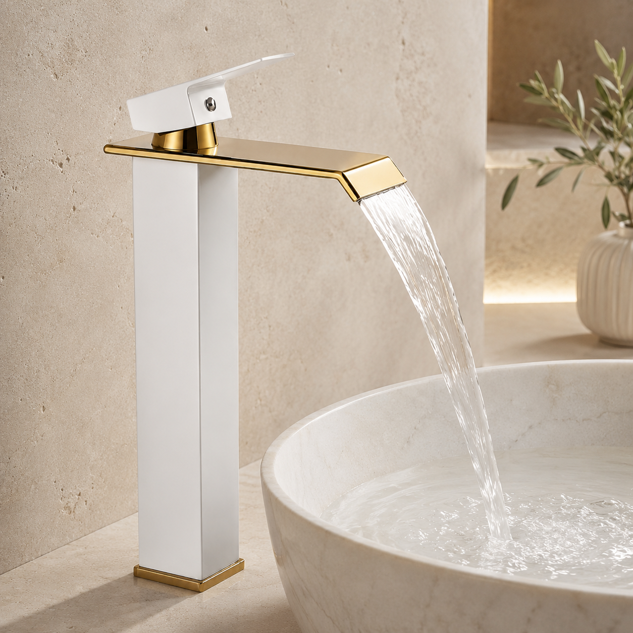 Baterie Chiuveta Baie, Tip Cascada,Otel Inoxidabil Alb-Auriu 30 CM
