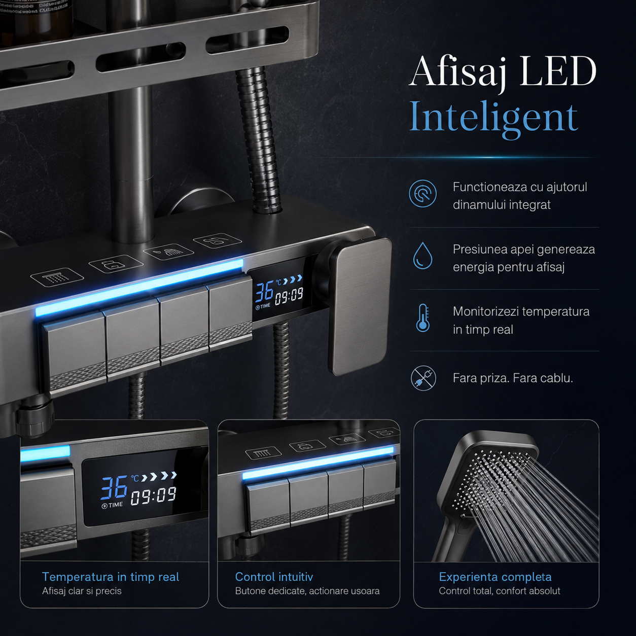 Coloana De Dus, Afisaj Temperatura Digital, Lumini LED, Fara Conectare La Curent Electric,Gri
