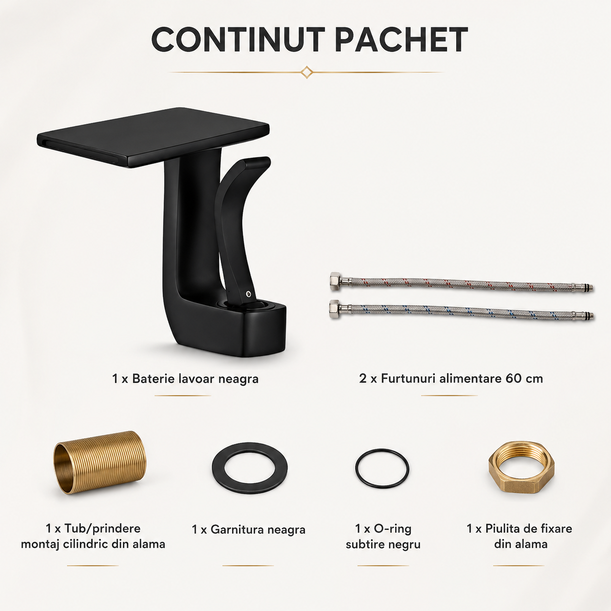 Baterie Chiuveta Baie Tip Cascada, Racorduri incluse, Otel Inoxidabil,Negru Mat, 14.5CM