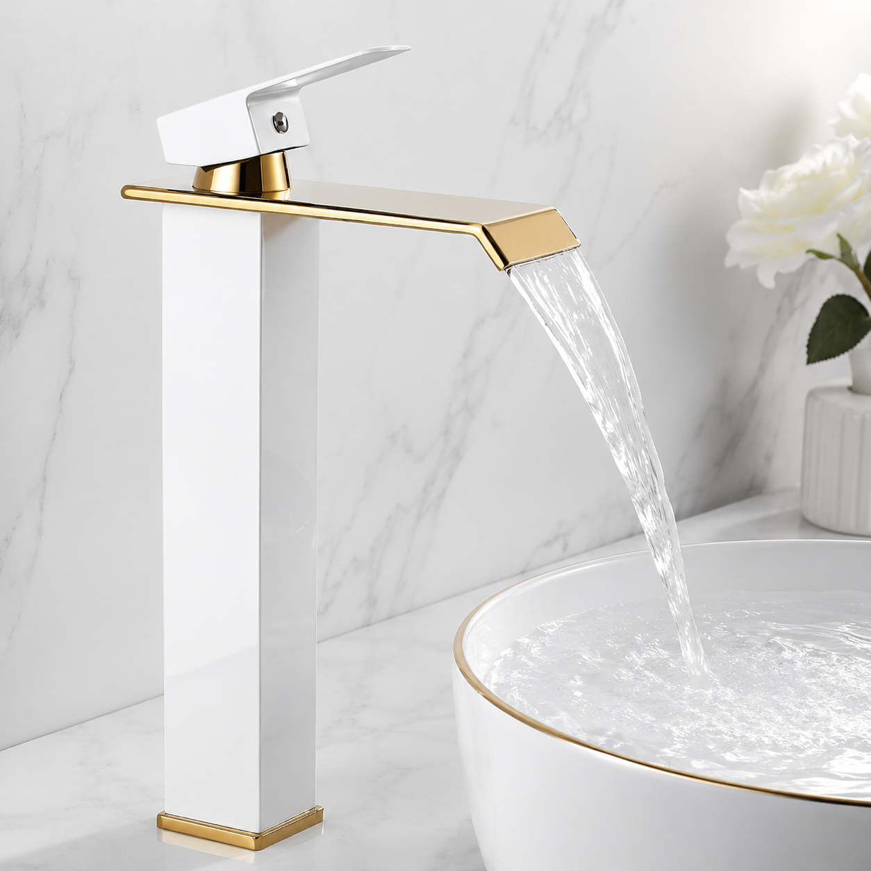 Baterie Chiuveta Baie, Tip Cascada,Otel Inoxidabil Alb-Auriu 30 CM
