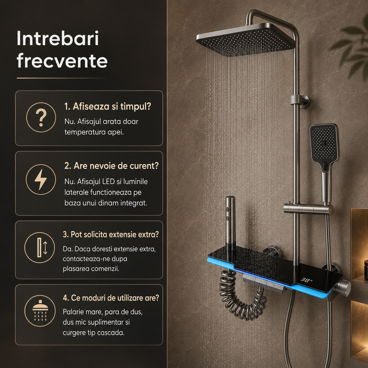 Coloana De Dus, Afisaj Temperatura Digital, Lumini LED,Fara Conectare La Curent Electric, Negru-Gri