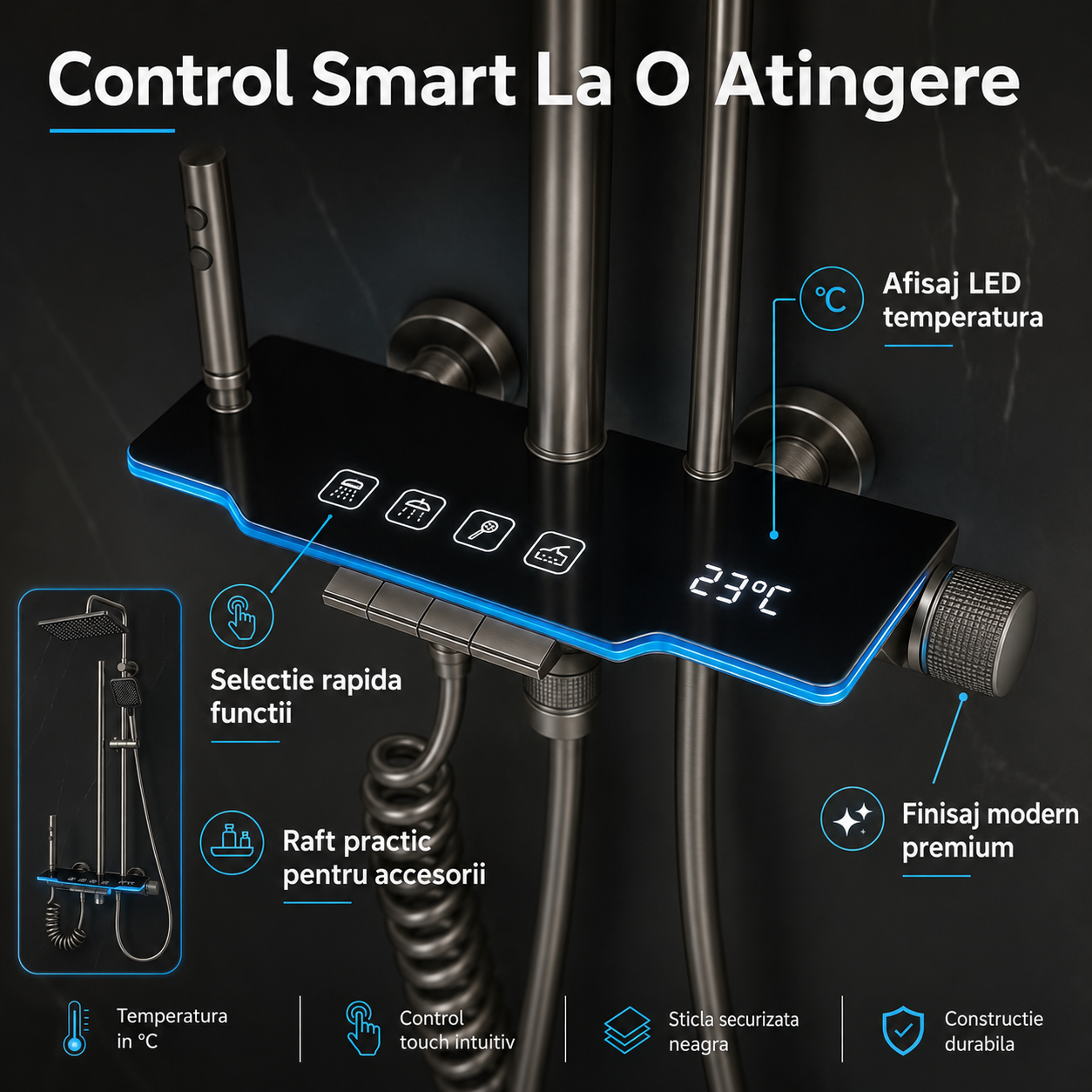 Coloana De Dus, Afisaj Temperatura Digital, Lumini LED,Fara Conectare La Curent Electric, Negru-Gri