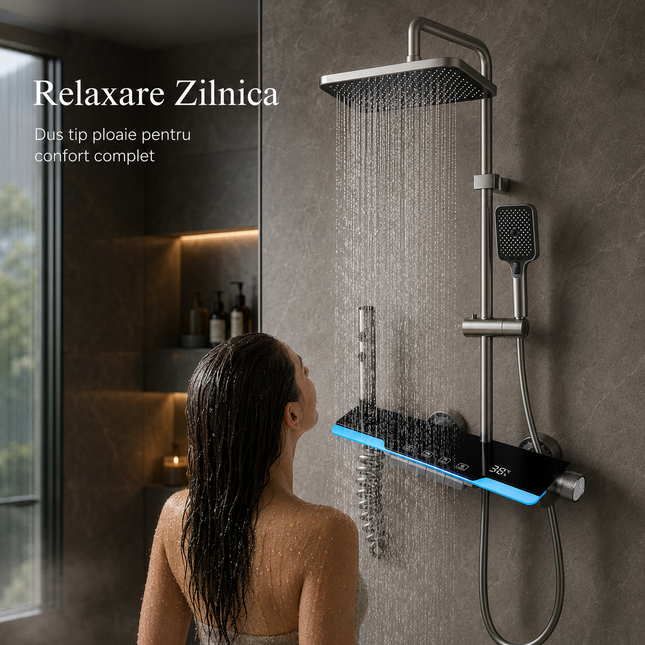 Coloana De Dus, Afisaj Temperatura Digital, Lumini LED,Fara Conectare La Curent Electric, Negru-Gri