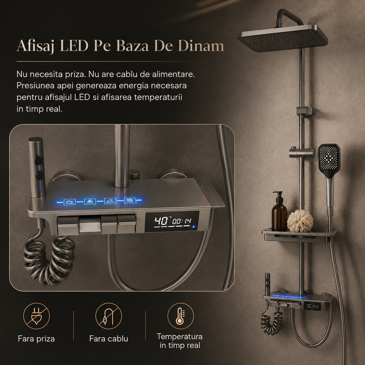 Coloana De Dus, Afisaj Temperatura Digital, Lumini LED, Gri