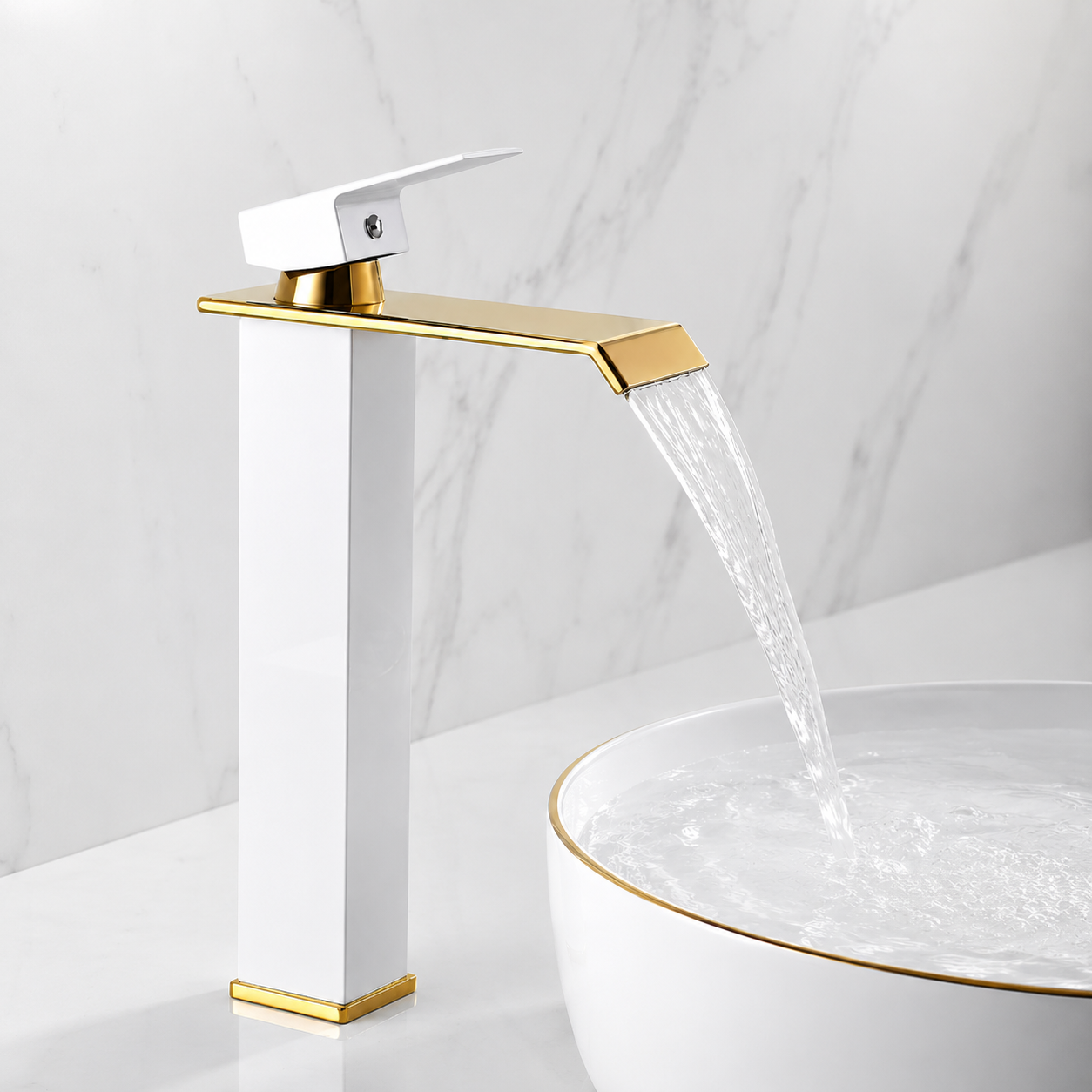 Baterie Chiuveta Baie, Tip Cascada,Otel Inoxidabil Alb-Auriu 30 CM