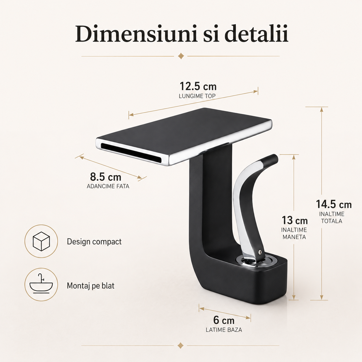 Baterie Chiuveta Baie Tip Cascada, Racorduri incluse, Otel Inoxidabil,Negru-Argintiu, 14.5CM