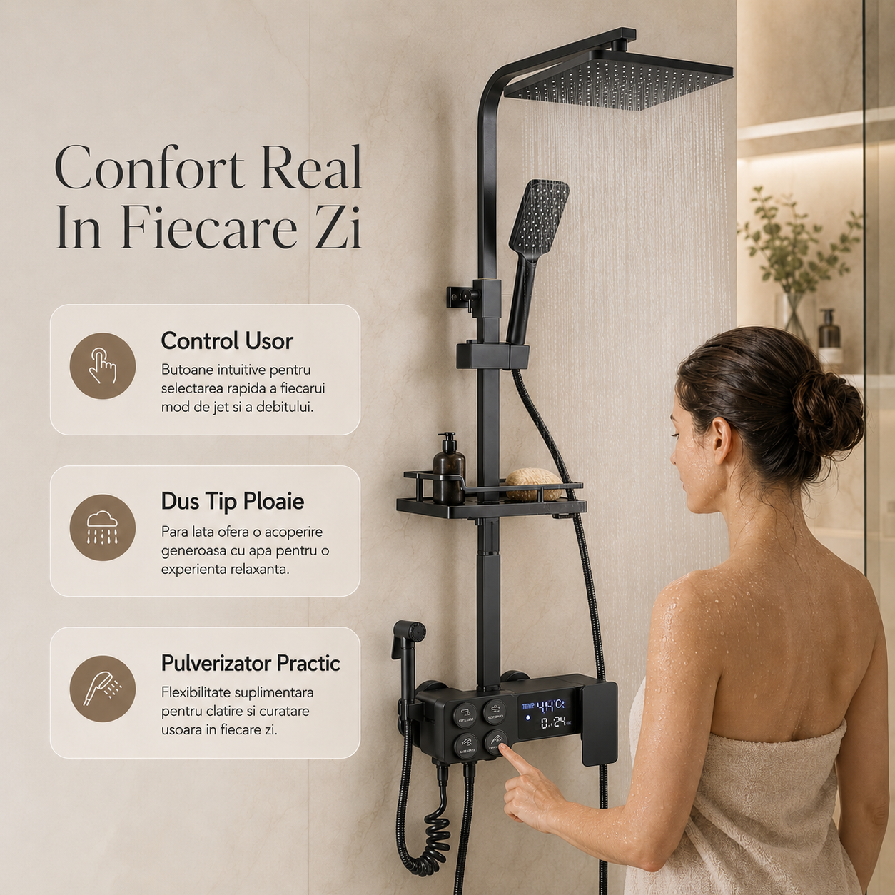 Coloana de Dus Smart, Butoane Interactive, 4 Moduri de Pulverizare,Negru