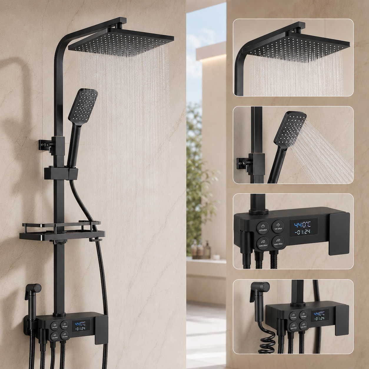 Coloana de Dus Smart, Butoane Interactive, 4 Moduri de Pulverizare,Negru