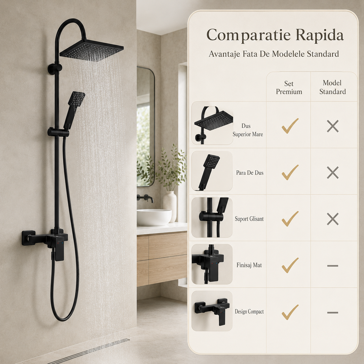 Coloana Dus Premium Pentru Baie Cu Baterie Mixer