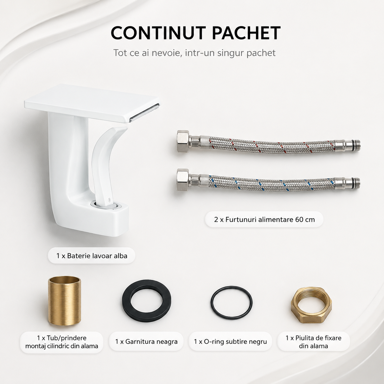 Baterie Chiuveta Baie Tip Cascada, Racorduri incluse, Otel Inoxidabil,Alba, 14.5CM