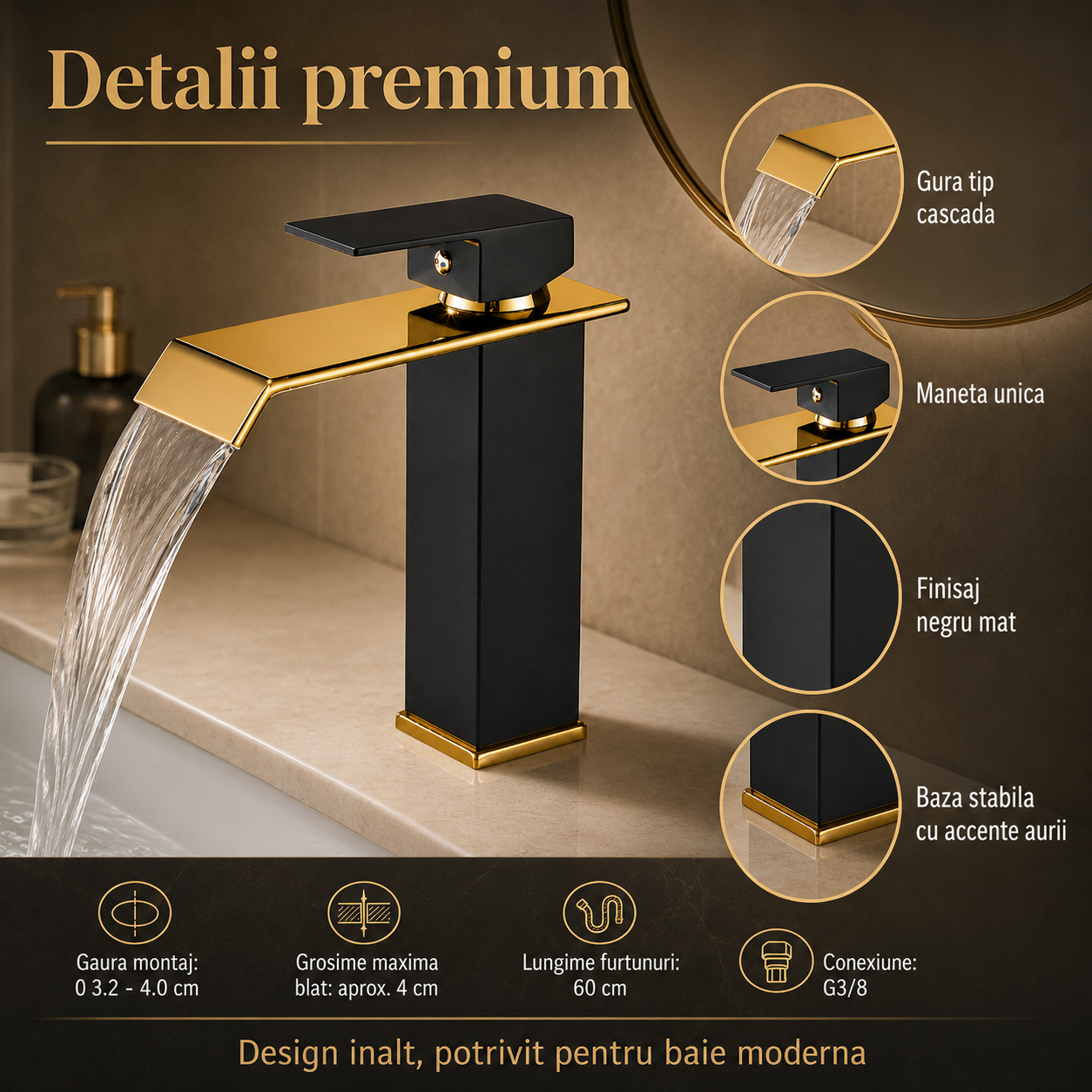 Baterie Chiuveta Baie, Tip Cascada, Negru-Auriu 19 CM