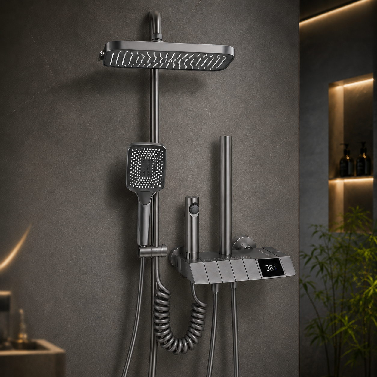 Coloana De Dus, Afisaj Temperatura Digital, Lumini LED, Fara Conectare La Curent Electric,Negru-Gri