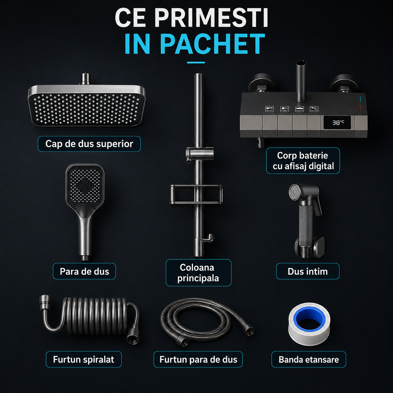 Coloana De Dus, Afisaj Temperatura Digital, Lumini LED, Fara Conectare La Curent Electric,Negru-Gri