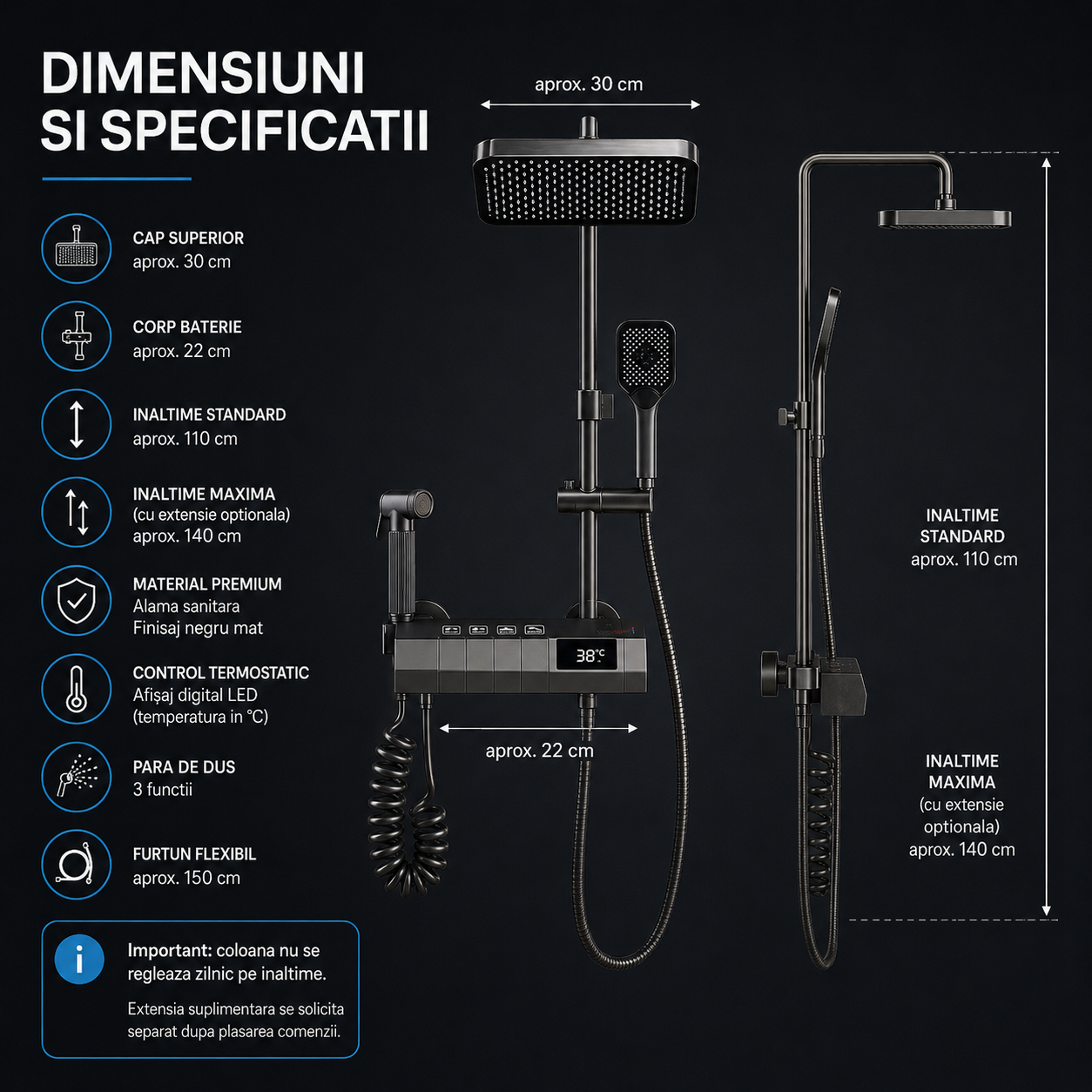 Coloana De Dus, Afisaj Temperatura Digital, Lumini LED, Fara Conectare La Curent Electric,Negru-Gri