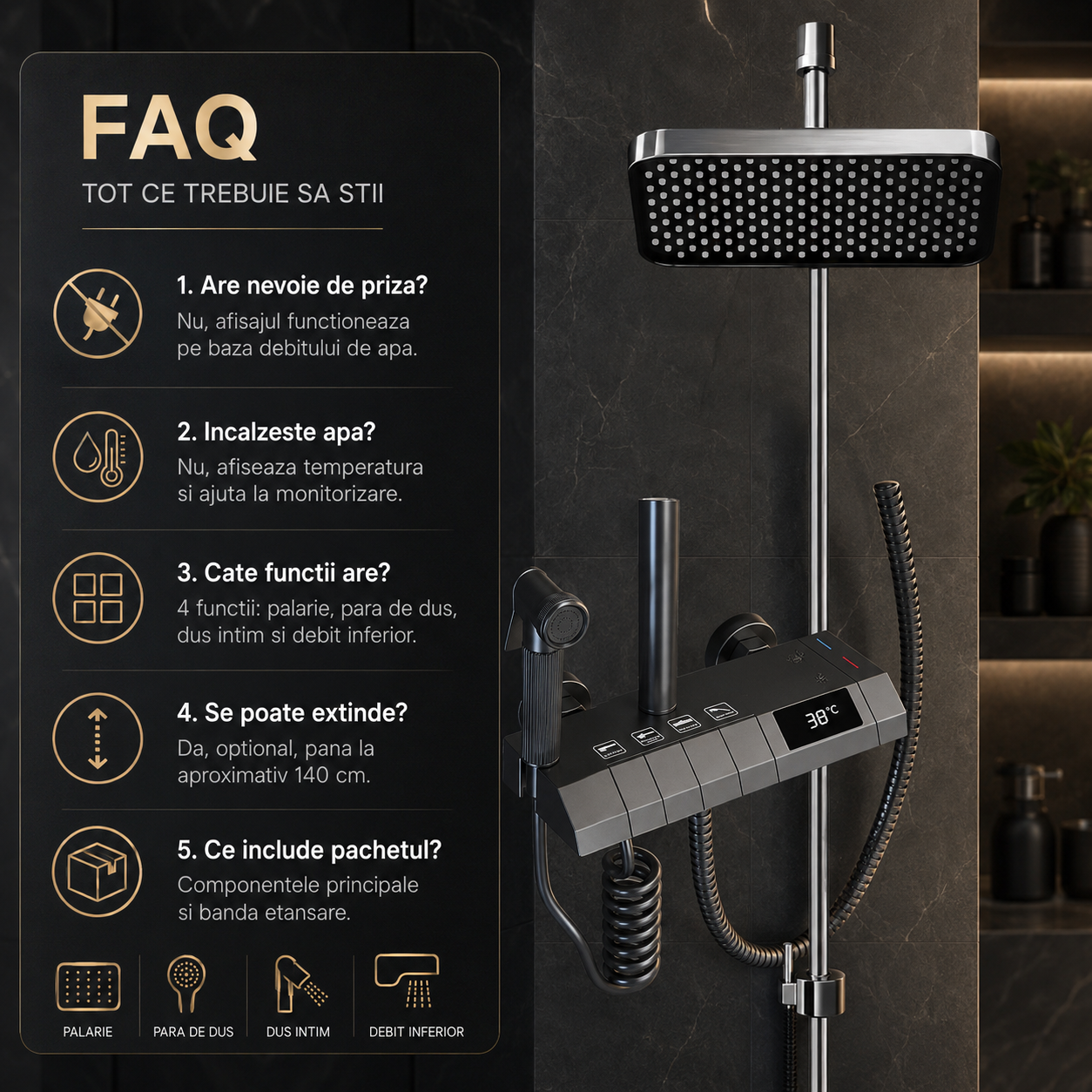 Coloana De Dus, Afisaj Temperatura Digital, Lumini LED, Fara Conectare La Curent Electric,Negru-Gri