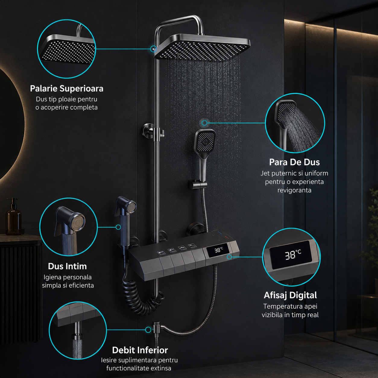 Coloana De Dus, Afisaj Temperatura Digital, Lumini LED, Fara Conectare La Curent Electric,Negru-Gri