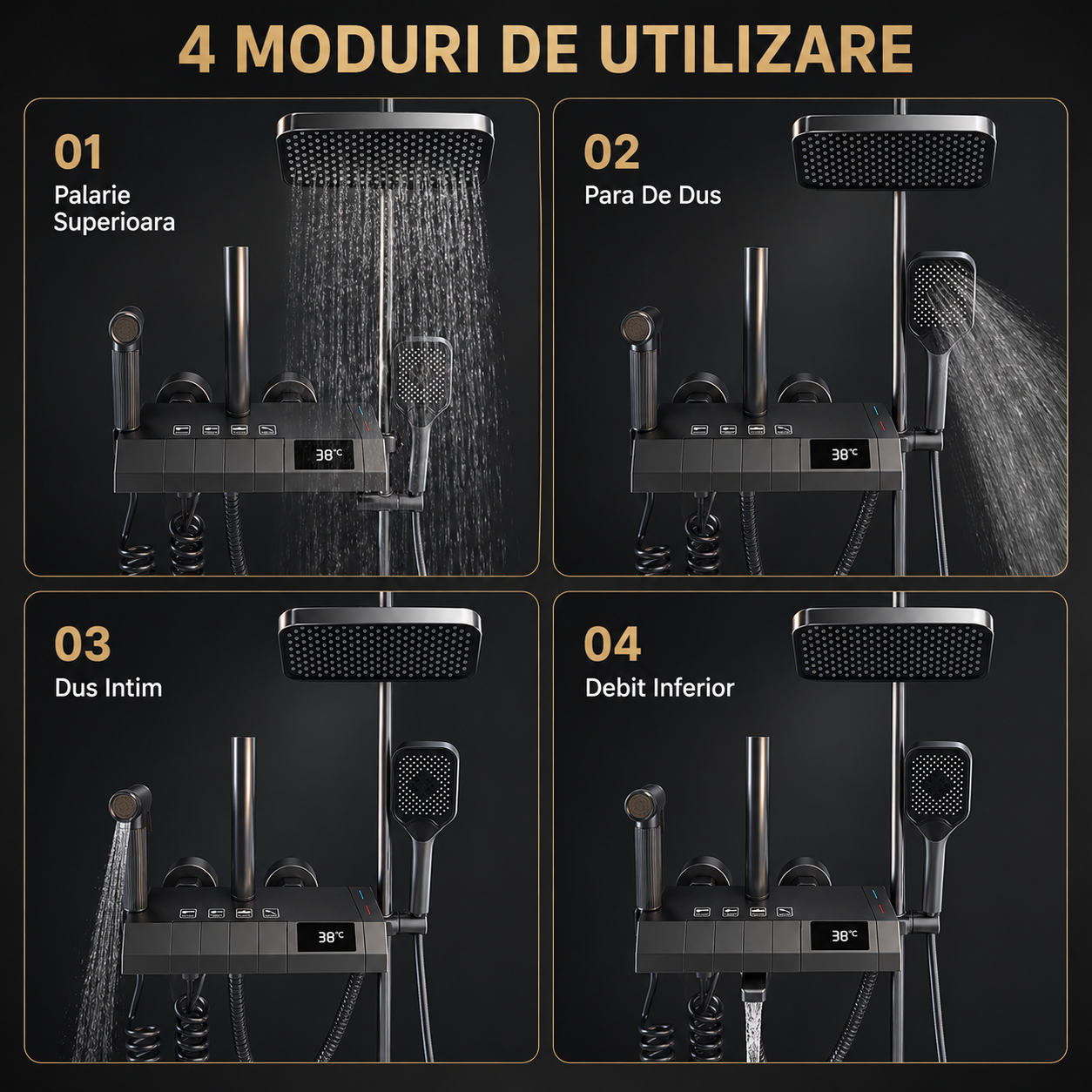 Coloana De Dus, Afisaj Temperatura Digital, Lumini LED, Fara Conectare La Curent Electric,Negru-Gri