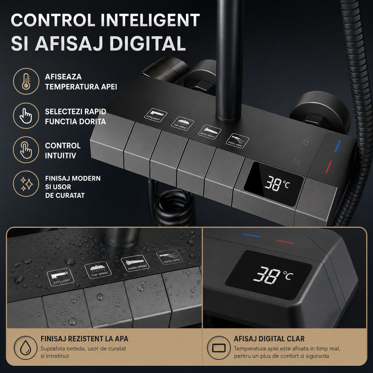 Coloana De Dus, Afisaj Temperatura Digital, Lumini LED, Fara Conectare La Curent Electric,Negru-Gri