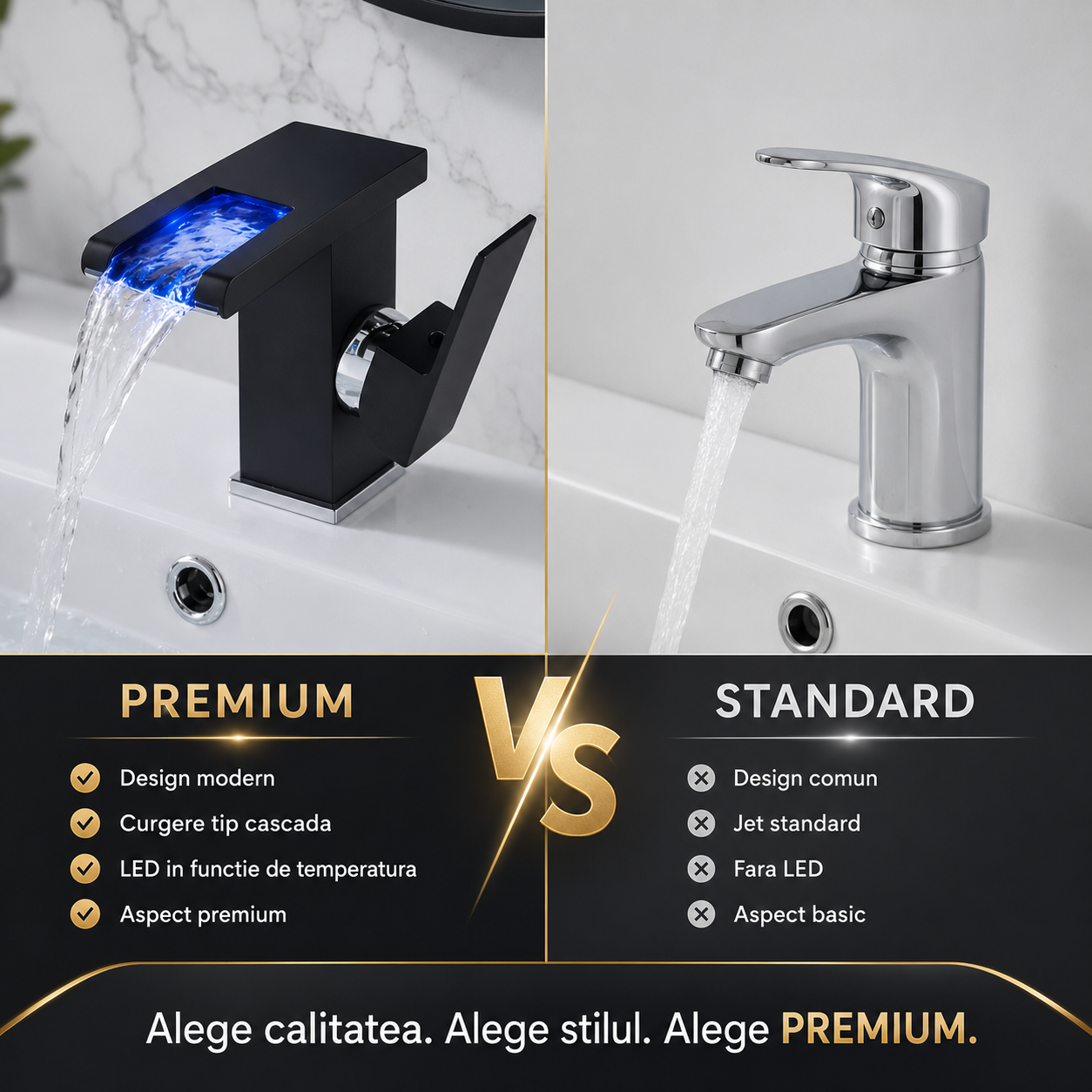 Robinet LED Cascada Modern, Jet RGB,Negru