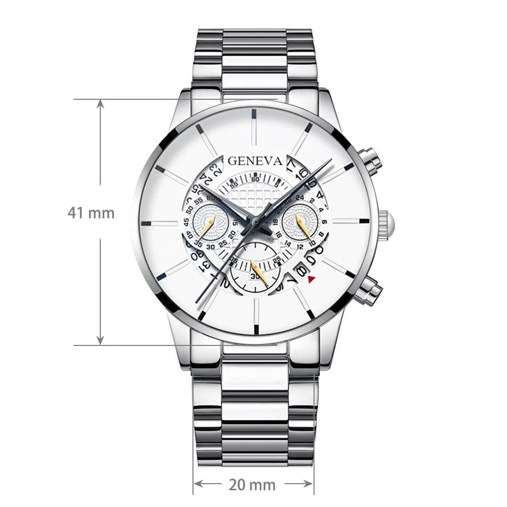 Ceas Geneva Chronograph cu Cadran Argintiu, Curea Zale, Diametru 42mm, Grosime 10mm