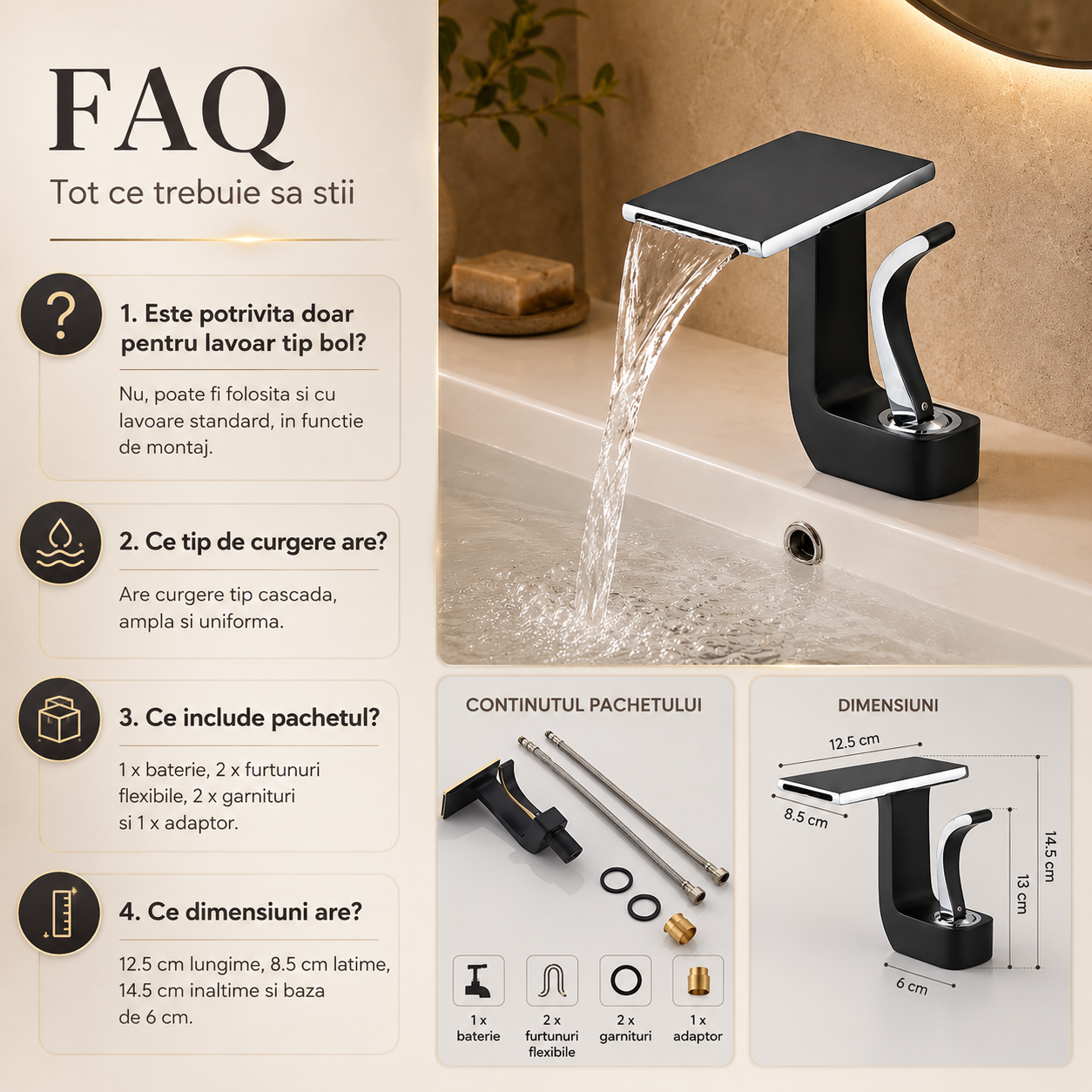 Baterie Chiuveta Baie Tip Cascada, Racorduri incluse, Otel Inoxidabil,Negru-Argintiu, 14.5CM