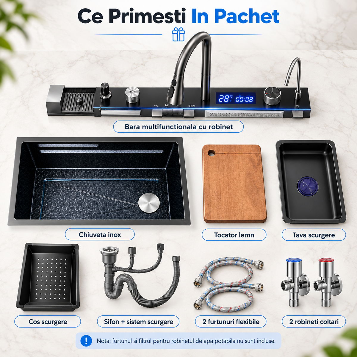 Chiuveta Inteligenta Multifunctionala 4-in-1 Cu Afisaj Digital Temperatura