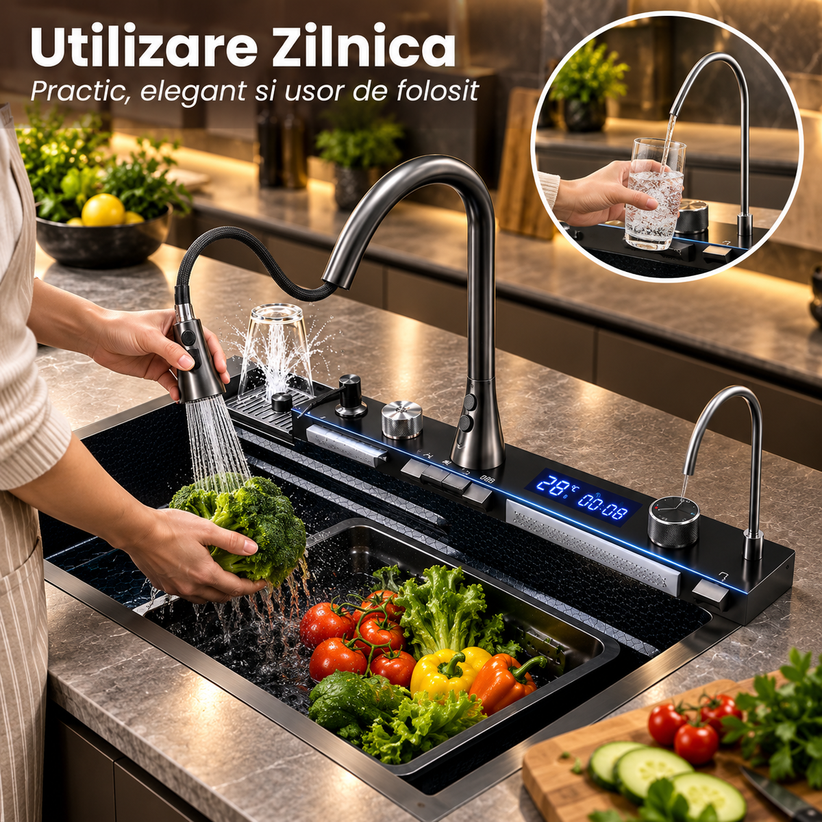 Chiuveta Inteligenta Multifunctionala 4-in-1 Cu Afisaj Digital Temperatura