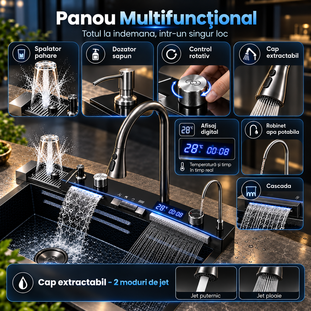Chiuveta Inteligenta Multifunctionala 4-in-1 Cu Afisaj Digital Temperatura