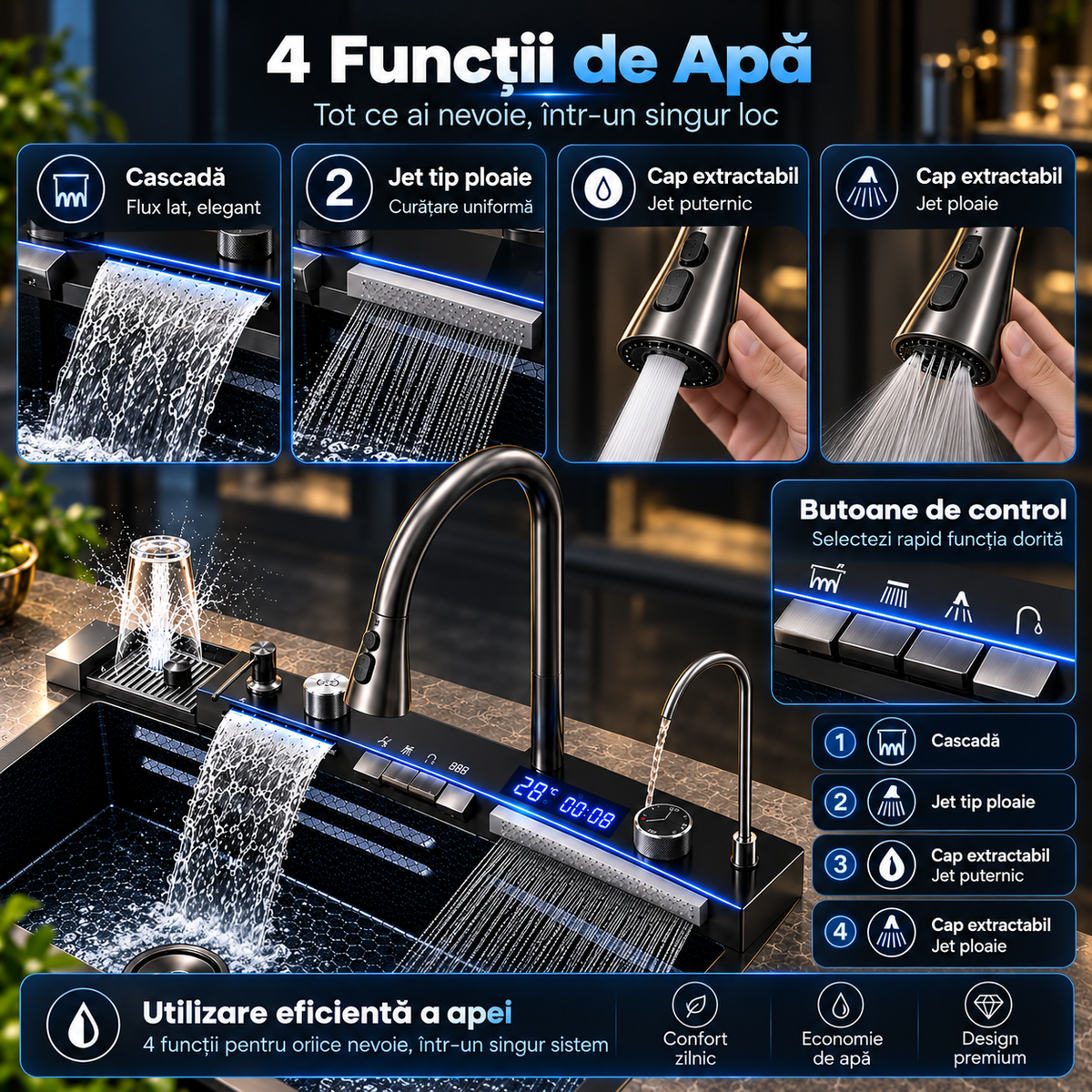 Chiuveta Inteligenta Multifunctionala 4-in-1 Cu Afisaj Digital Temperatura