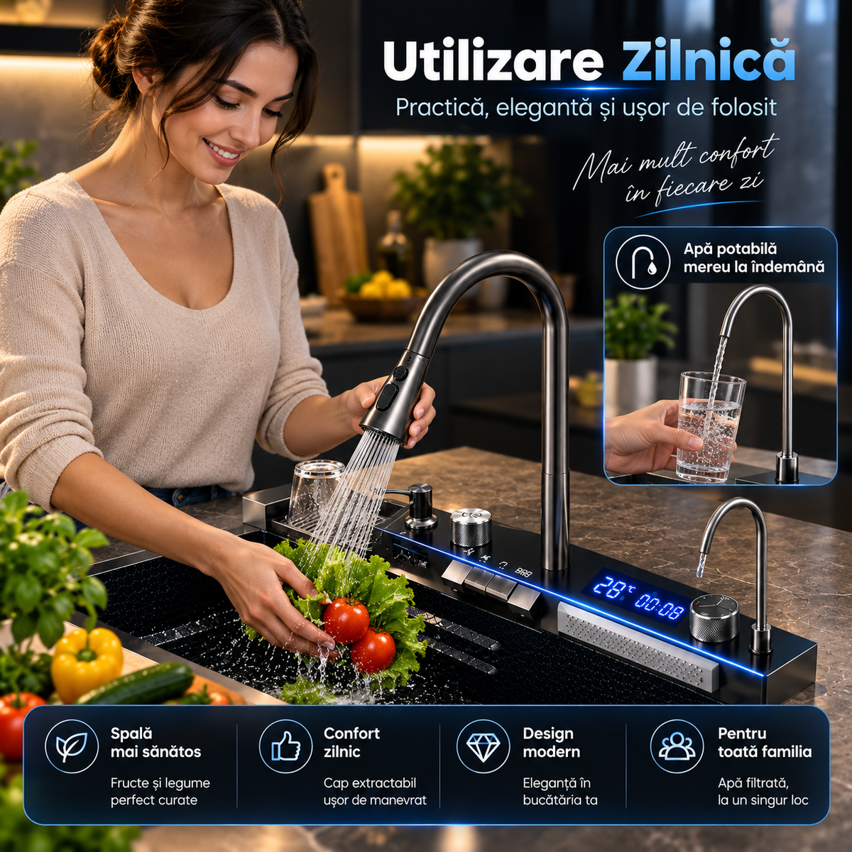 Chiuveta Inteligenta Multifunctionala 4-in-1 Cu Afisaj Digital Temperatura