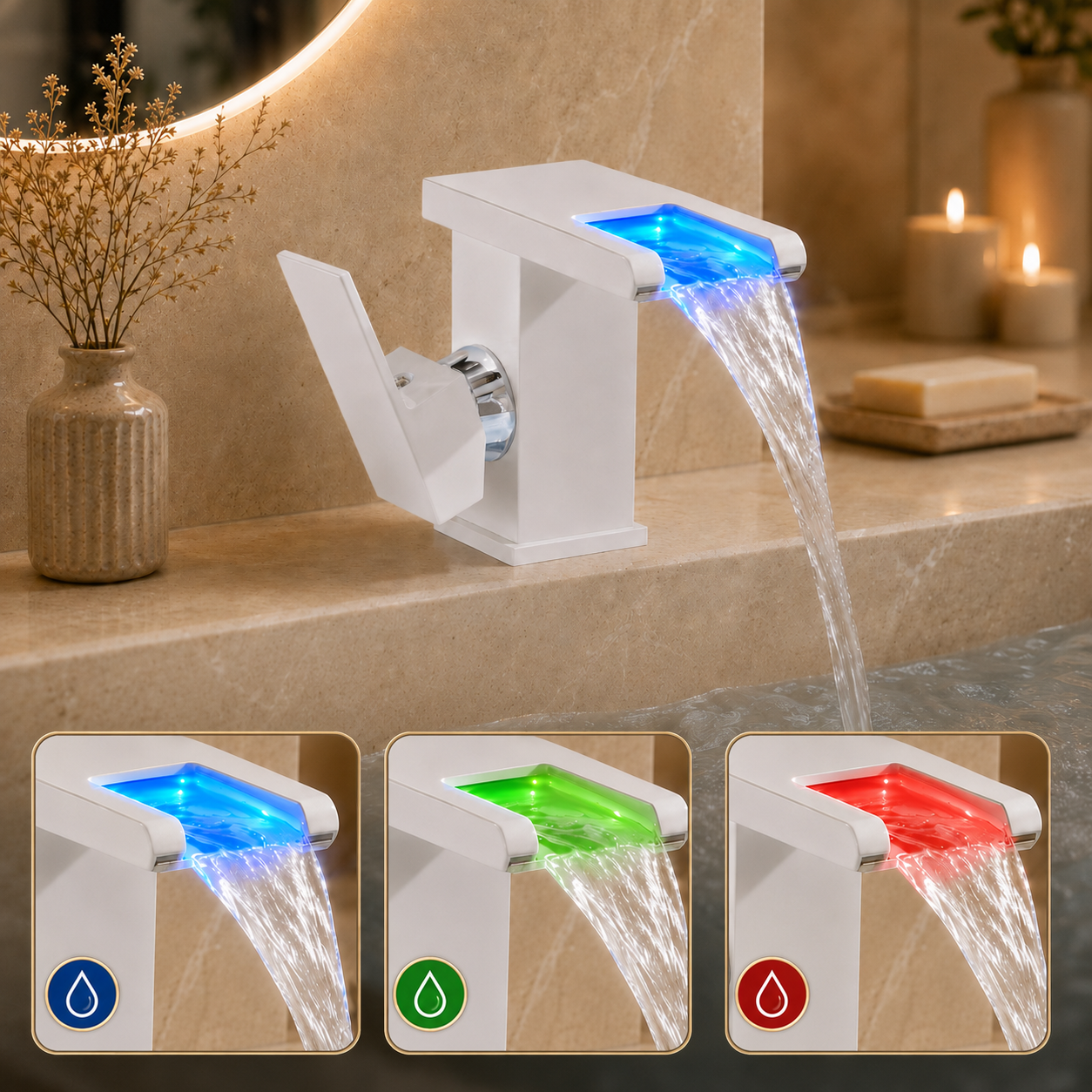 Baterie Sanitara Baie,LED Cascada Modern, Jet RGB, Finisaj Alb Mat