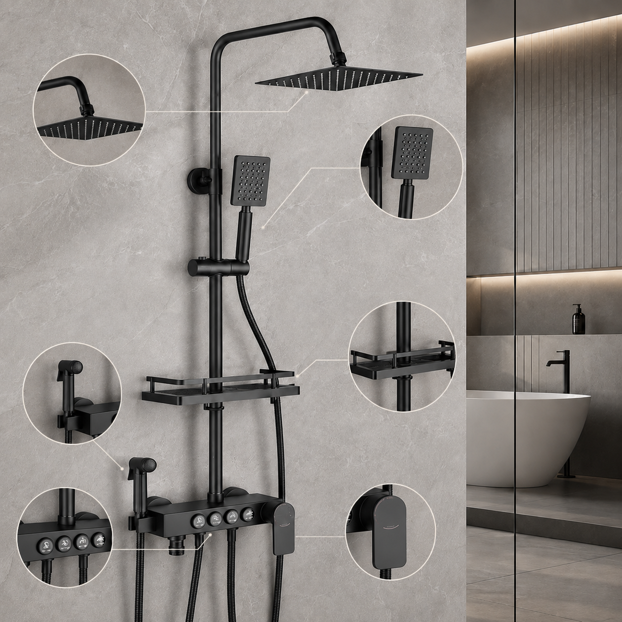Coloana de Dus Smart, Butoane Interactive, 4 Moduri de Pulverizare,Negru