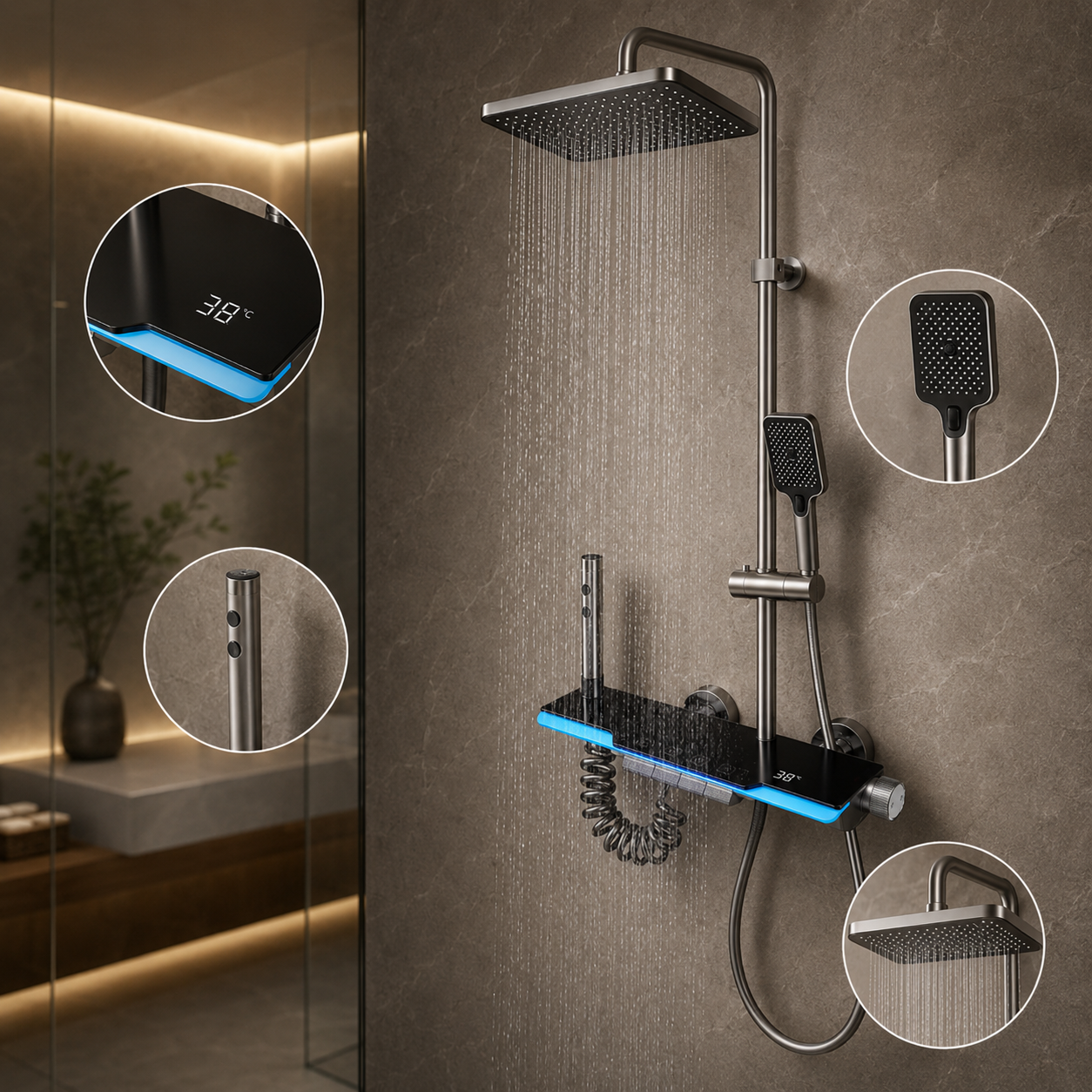 Coloana De Dus, Afisaj Temperatura Digital, Lumini LED,Fara Conectare La Curent Electric, Negru-Gri