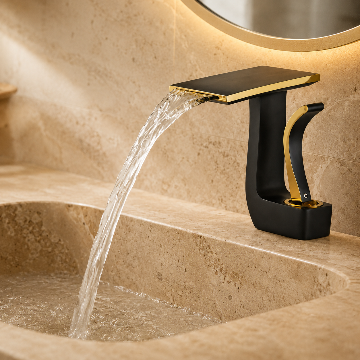 Baterie Chiuveta Baie Tip Cascada, Otel Inoxidabil,Negru-Auriu, 19 CM