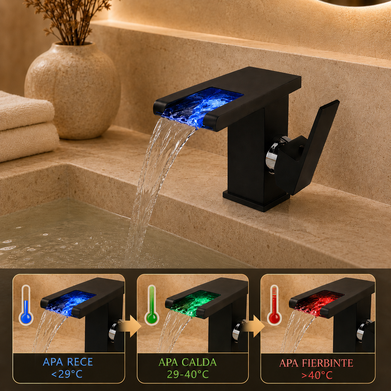 Robinet LED Cascada Modern, Jet RGB,Negru