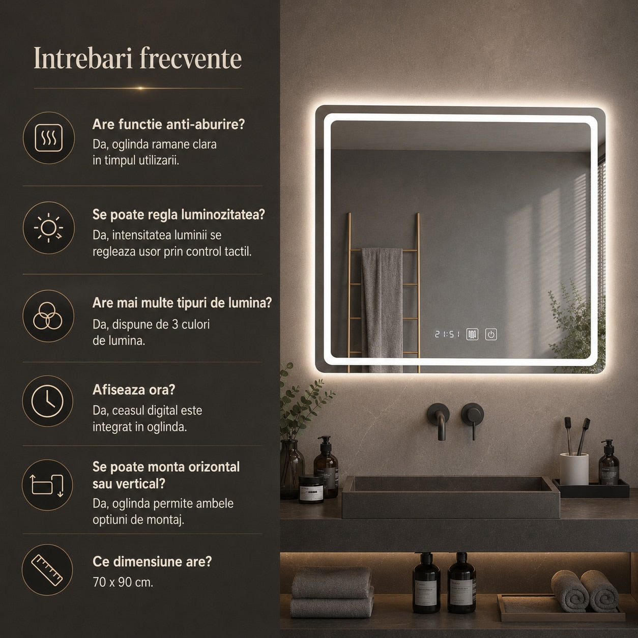 Oglinda LED Baie Smart 70x90 cm - 3 culori de lumina
