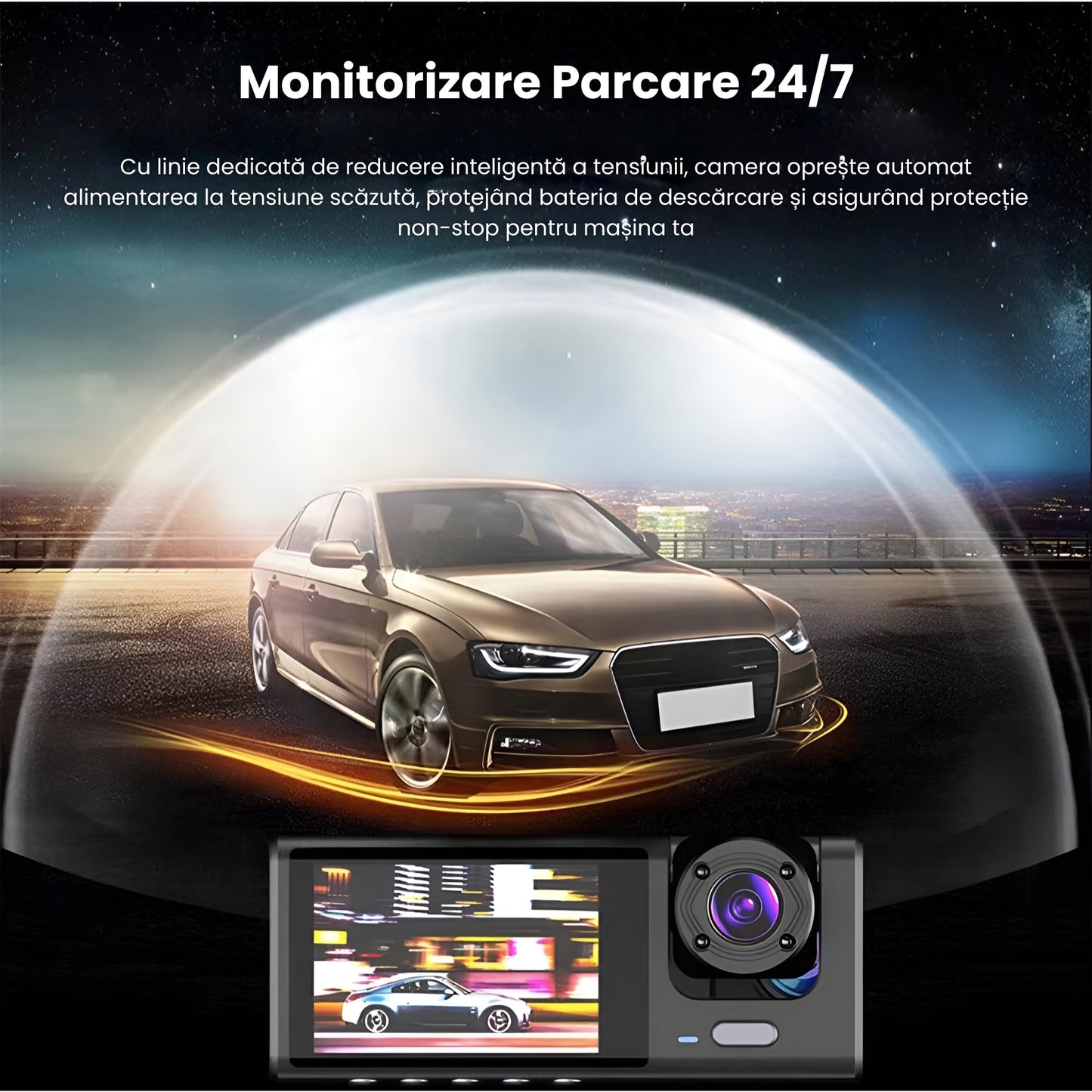 Camera Auto DVR, 3 In 1, Camera De Bord, Interior, Marsarier, Ultracompacta, FULL HD 1080P, Card Micro-SD 32GB Inclus, Wifi Conectare Telefon, Inregistrare in bucla, G-Sensor, Unghi filmare larg, Negru