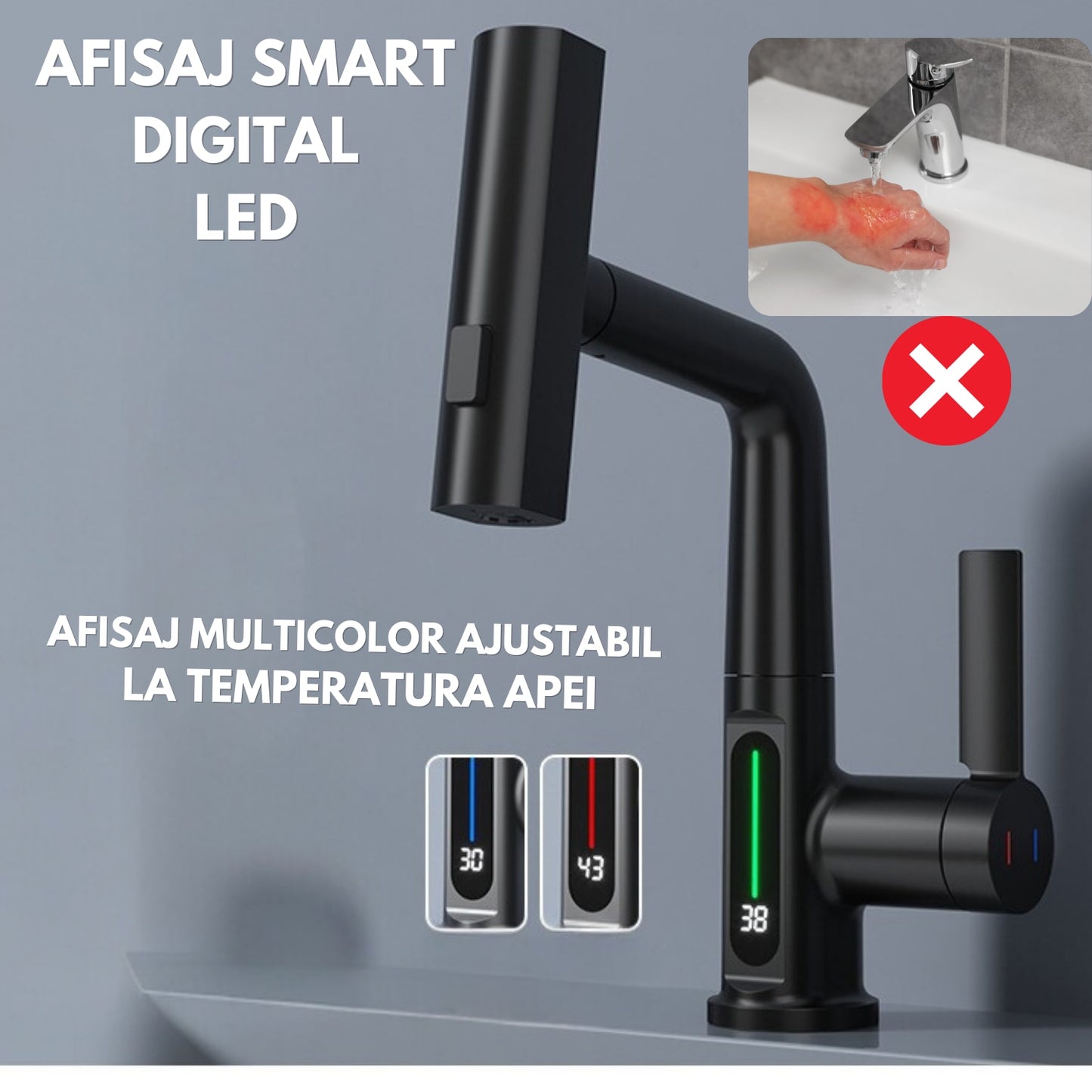 Baterie Chiuveta Baie, Afisaj Digital Al Temperaturii, LED Cu Reglaj Adaptabil In Functie De Temperatura Apei,Negru 30 cm