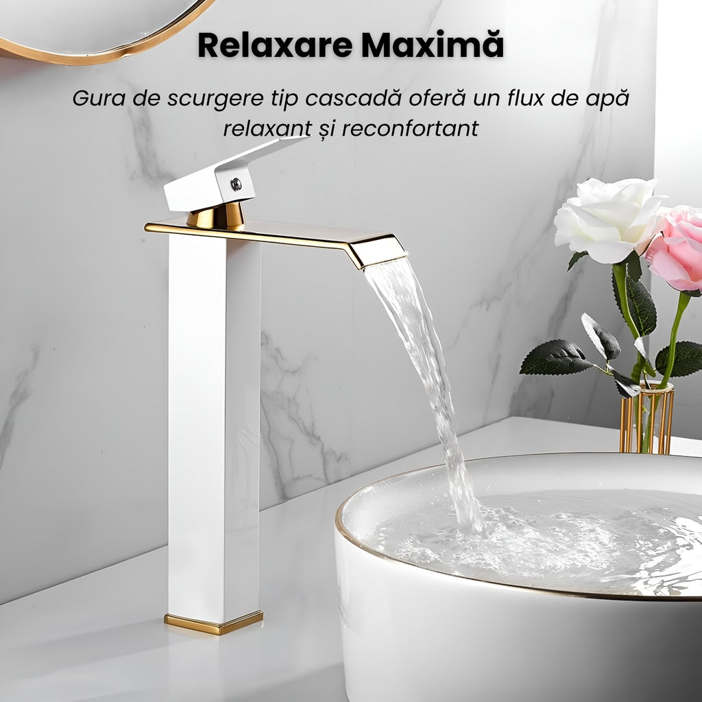 Baterie Chiuveta Baie, Tip Cascada,Otel Inoxidabil Alb-Auriu 30 CM