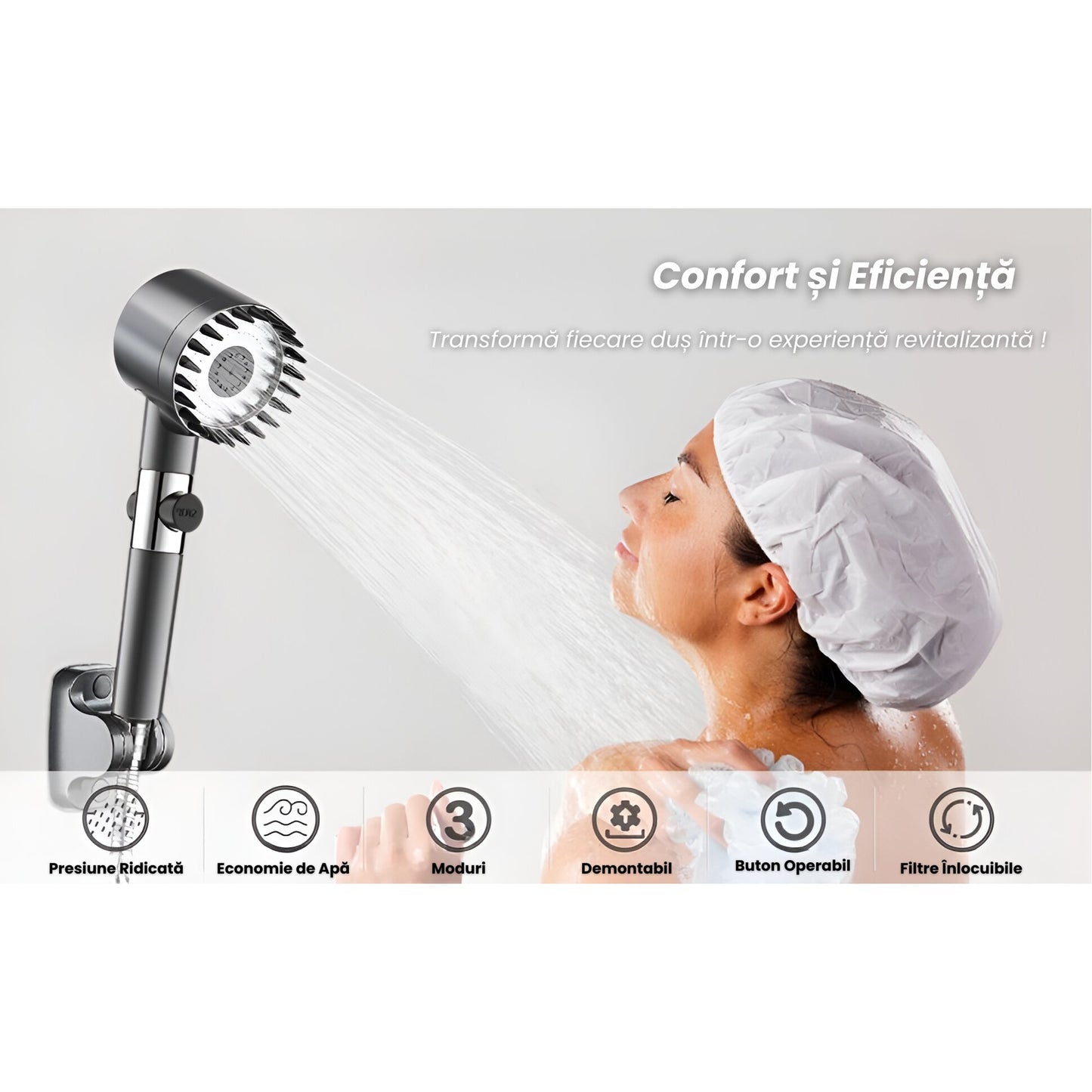 Para Tip Cap de Dus Premium 4 In 1, Buton Oprire-Pornire Jet,3 Moduri Diferite De Presiune si Economisire a Apei,Gri