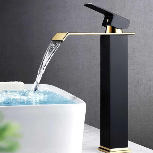 Baterie Chiuveta Baie, Tip Cascada, Monocomanda, Racorduri incluse, Otel Inoxidabil, Neagru-Auriu 30CM
